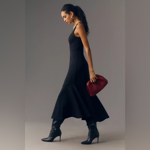 〰️Anthropologie The Ariana Square-Neck Asymmetrical Ruffle-Hem Dress in Black - Picture 3 of 8